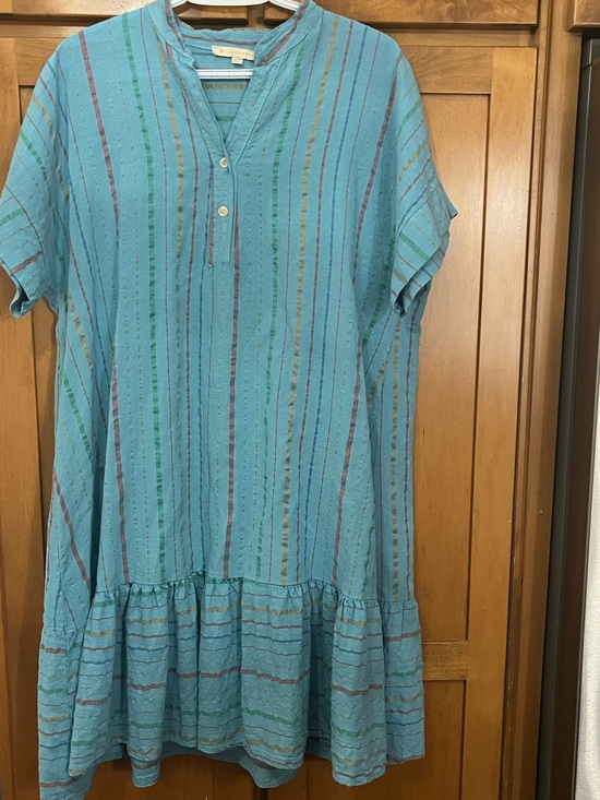 Lemonwood Dresses & Skirts - Women's Blue Striped Midi Dress - Casual V-Neck Tunic